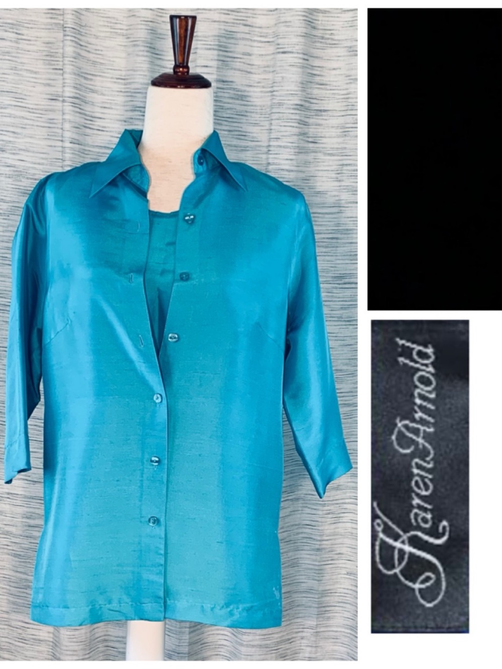 Karen Arnold Teal Satin 2-piece Button-Front Women's Shirt with Camisole.